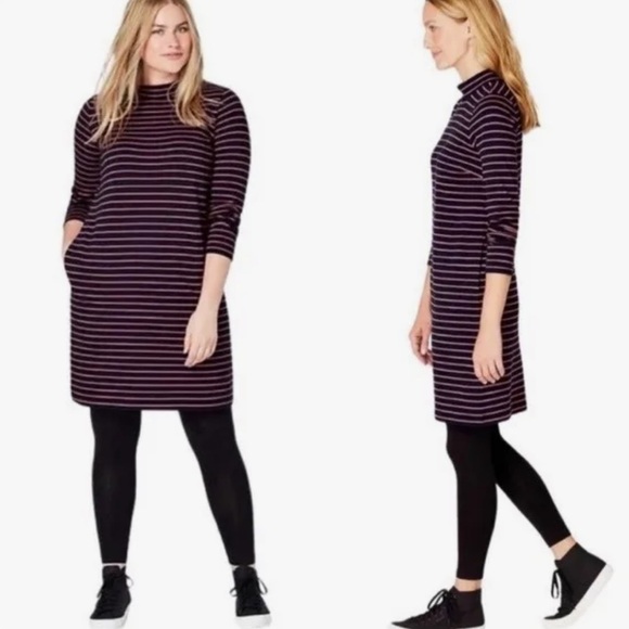 J Jill Mock Neck Striped Knit T Shirt Dress Navy Pink Comfy Dress POCKETS Size L - Picture 2 of 8